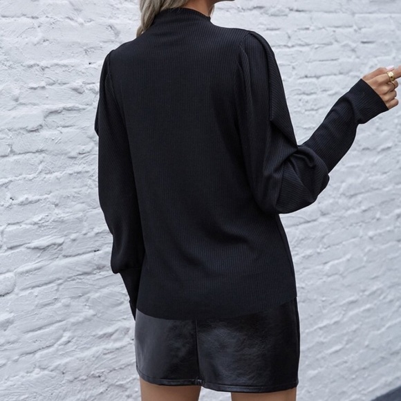 CLEARANCE Black Puffed Sleeve Mock Neck Ribbed Blouse - Picture 2 of 4